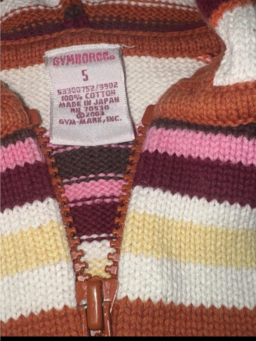 Vtg Gymboree CUTE AS A BUTTON Striped Zip Up Hooded Sweater 5 100% Cotton Red